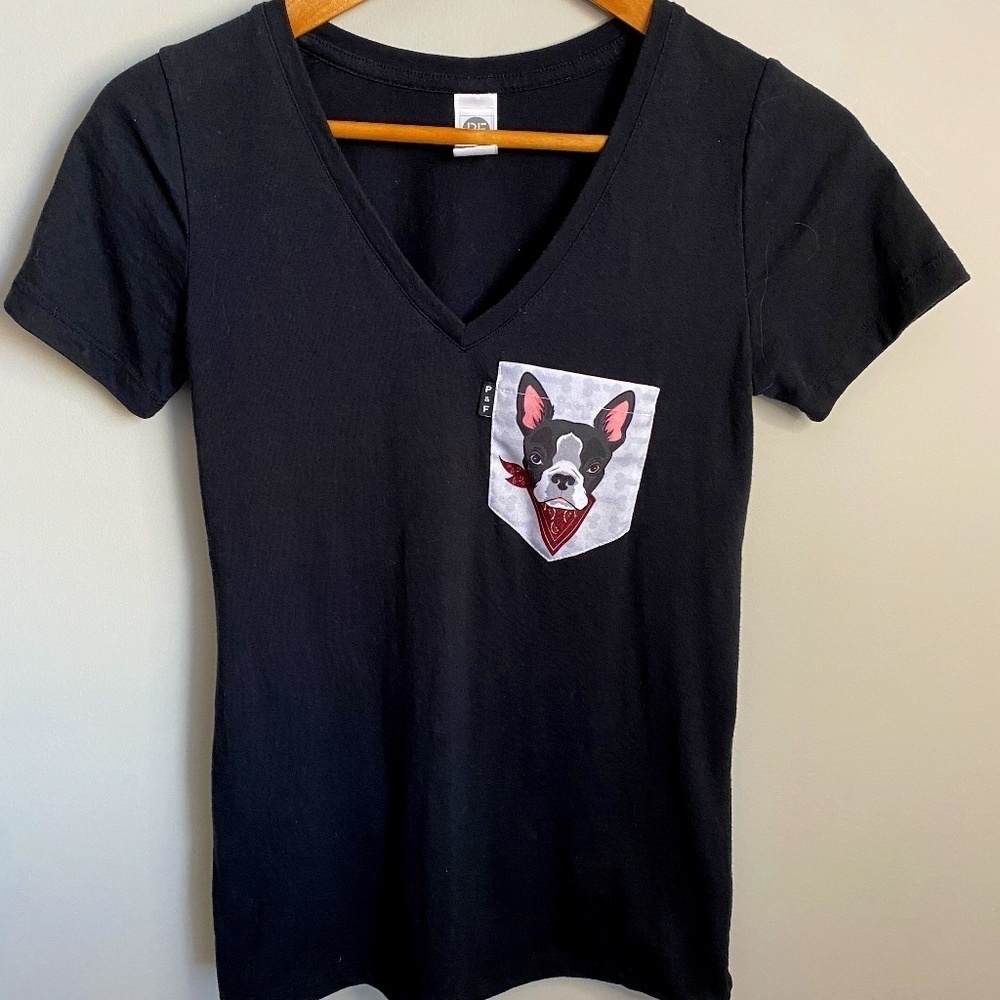 P&F Women's Black‎ Short Sleeve Boston Terrier V-neck Pocket Tee Size X-small